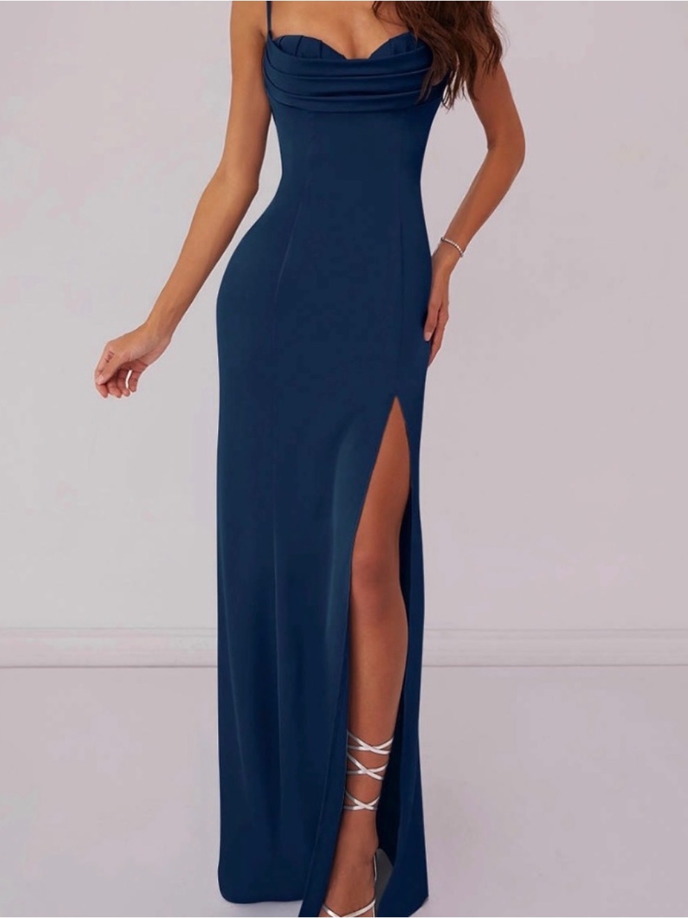 Azazie Navy Blue Cowl Neck Maxi Gown With Side Slit Nwt